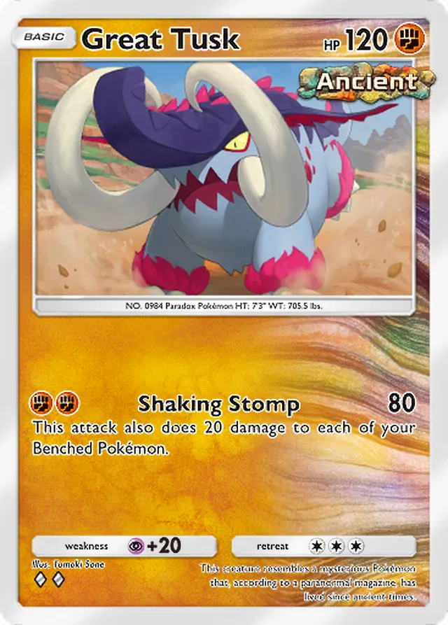Great Tusk, Paradox Drive #034, Basic Fighting Pokémon, illustrated by Tomoki Sone