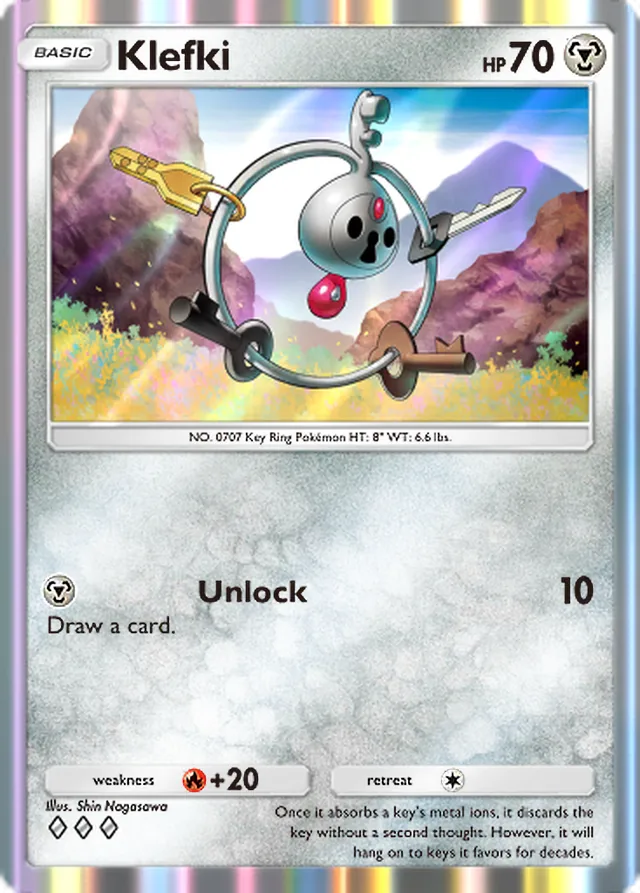 Klefki, Celestial Guardians #121, Basic Metal Pokémon, illustrated by Shin Nagasawa