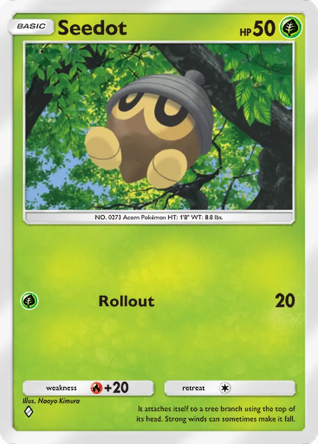 Seedot, Mega Rising #008, Basic Grass Pokémon, illustrated by Naoyo Kimura