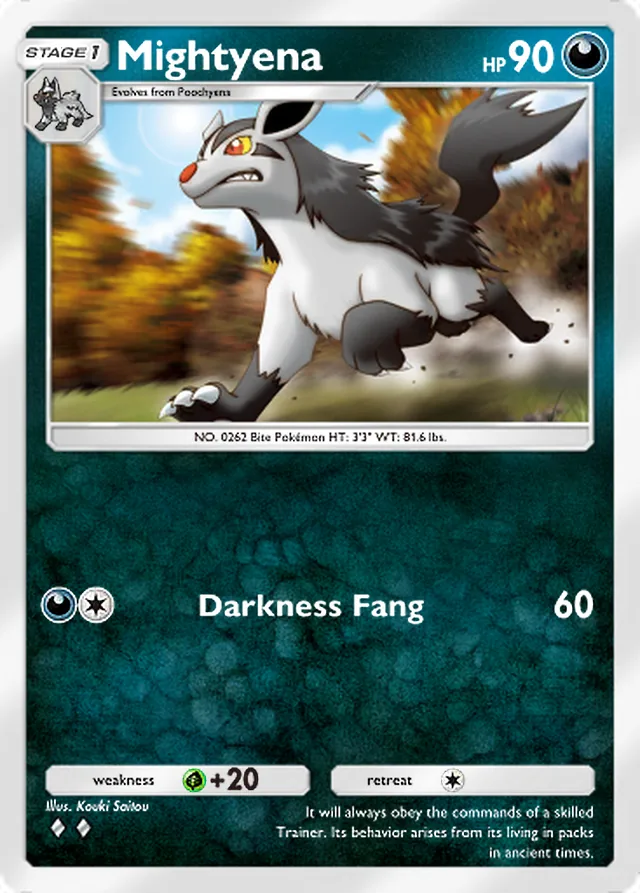 Mightyena, Space-Time Smackdown #101, Stage 1 Darkness Pokémon, illustrated by Kouki Saitou