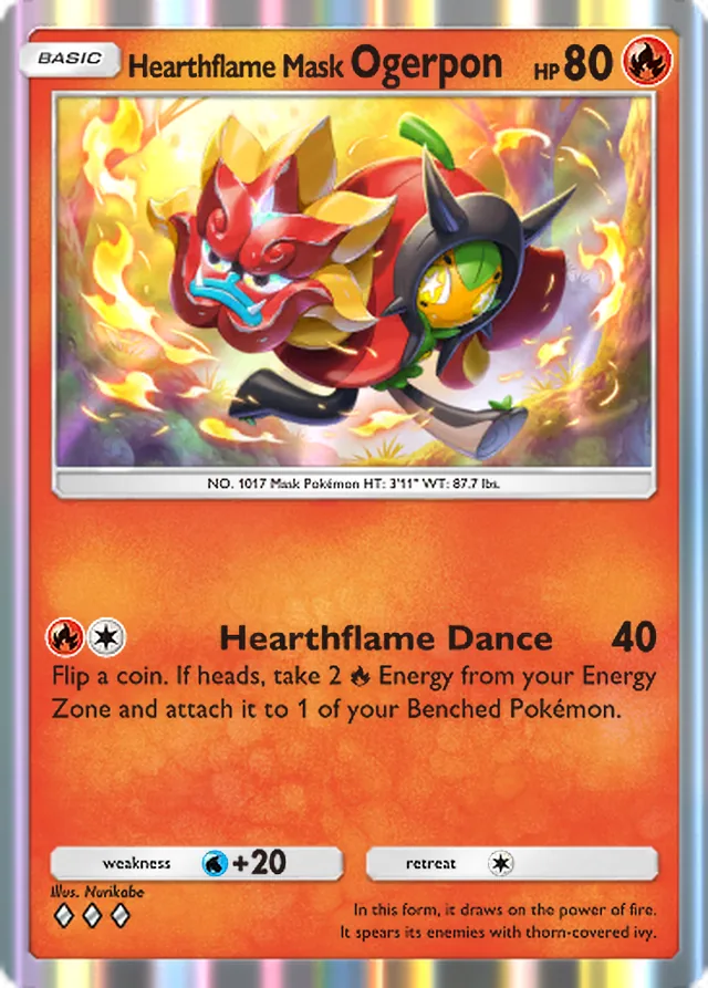 Hearthflame Mask Ogerpon, Fantastical Parade #027, Basic Fire Pokémon, illustrated by Nurikabe