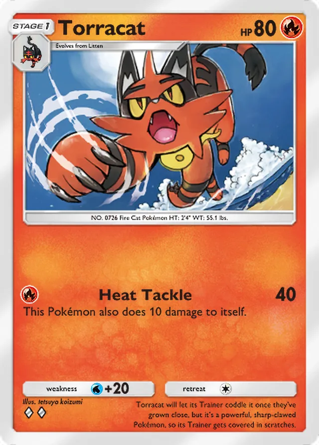 Torracat, Celestial Guardians #032, Stage 1 Fire Pokémon, illustrated by tetsuya koizumi
