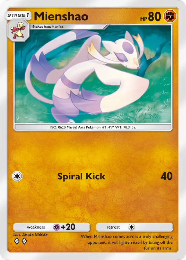 Mienshao, Genetic Apex #161, Stage 1 Fighting Pokémon, illustrated by Atsuko Nishida