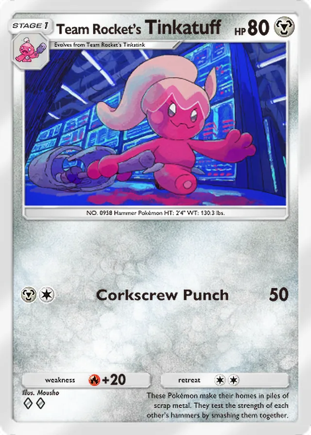 Team Rocket’s Tinkatuff, Team Rocket’s Ambition #049, Stage 1 Metal Pokémon, illustrated by Mousho