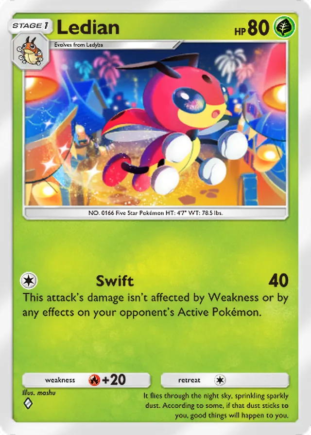 Ledian, Fantastical Parade #002, Stage 1 Grass Pokémon, illustrated by mashu