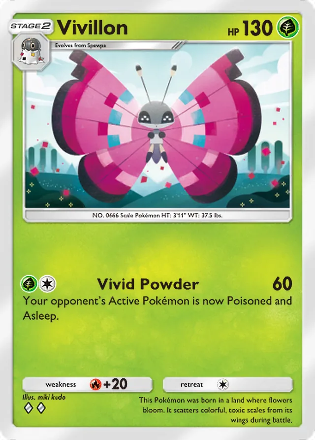 Vivillon, Fantastical Parade #013, Stage 2 Grass Pokémon, illustrated by miki kudo