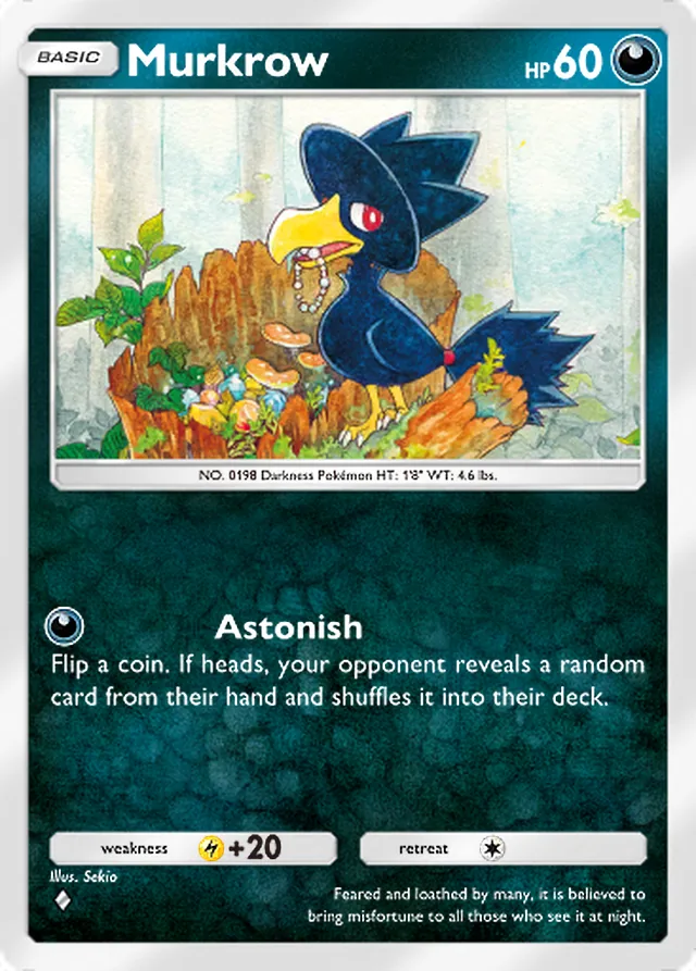 Murkrow, Wisdom of Sea and Sky #113, Basic Darkness Pokémon, illustrated by Sekio