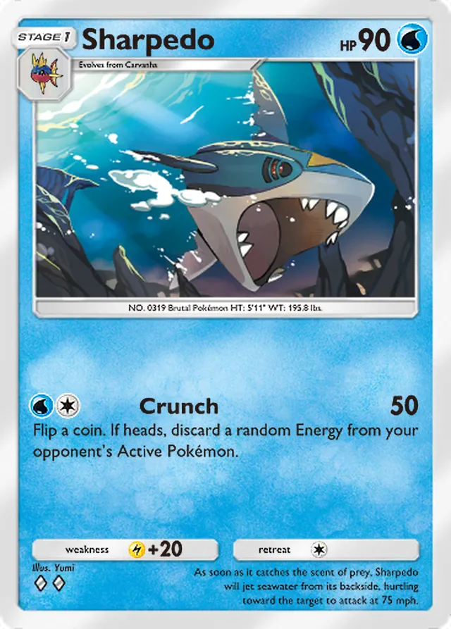Sharpedo, Extradimensional Crisis #012, Stage 1 Water Pokémon, illustrated by Yumi