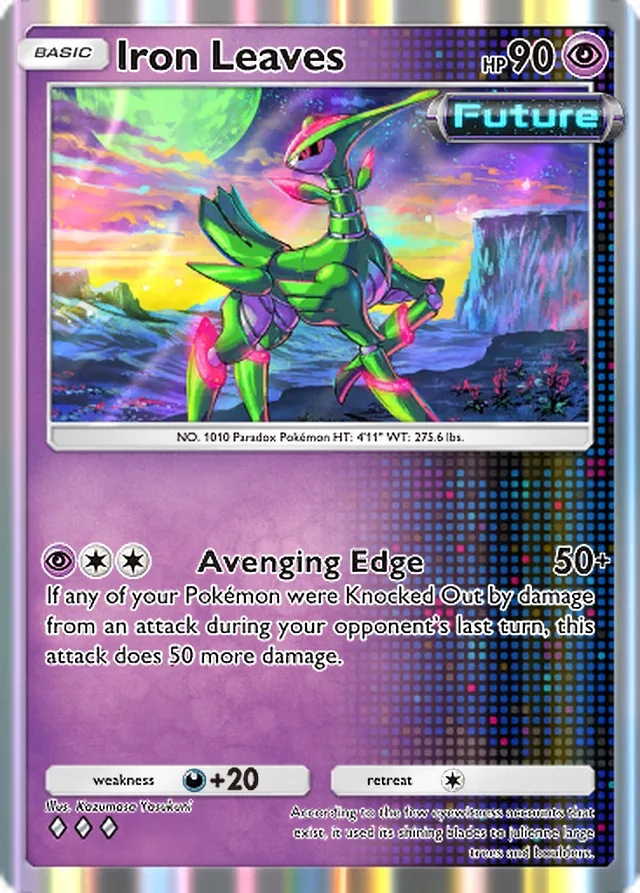Iron Leaves, Paradox Drive #028, Basic Psychic Pokémon, illustrated by Kazumasa Yasukuni