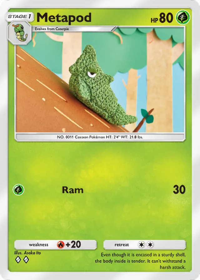 Metapod, Everyday Wonders #002, Stage 1 Grass Pokémon, illustrated by Asako Ito