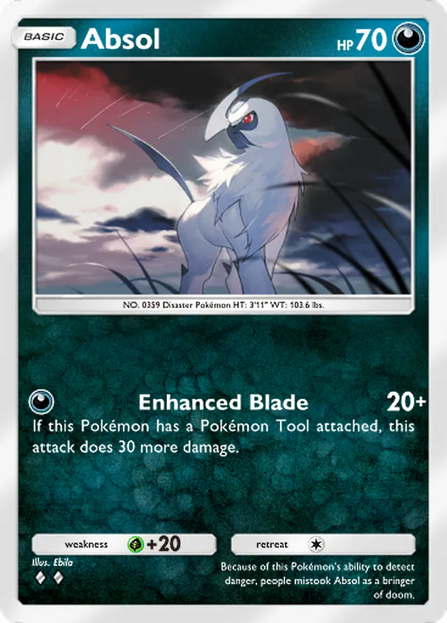 Absol, Ruler of the Skies #100, Basic Darkness Pokémon, illustrated by Ebila