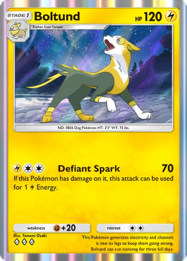 Boltund, Secluded Springs #031, Stage 1 Lightning Pokémon, illustrated by Tomomi Ozaki