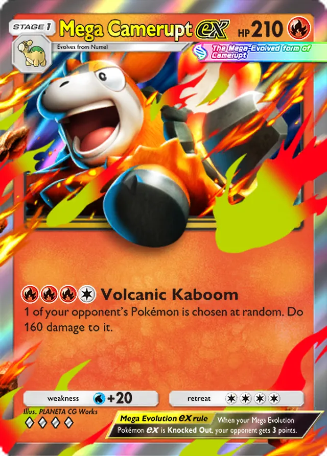 Mega Camerupt ex, Pulsing Aura #023, Stage 1 Fire Pokémon, illustrated by PLANETA CG Works