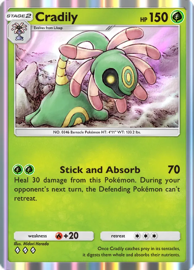 Cradily, Ruler of the Skies #007, Stage 2 Grass Pokémon, illustrated by Midori Harada
