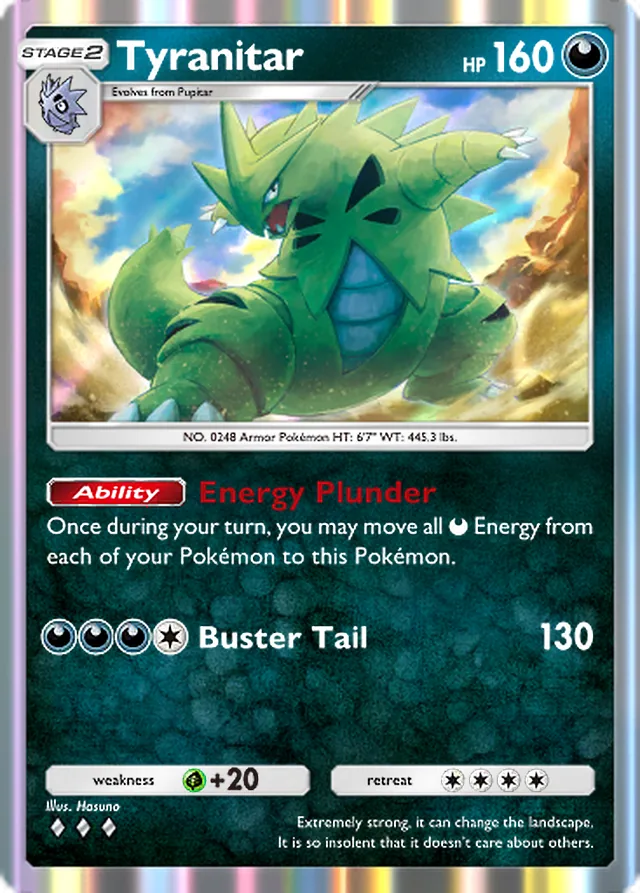 Tyranitar, Wisdom of Sea and Sky #119, Stage 2 Darkness Pokémon, illustrated by Hasuno