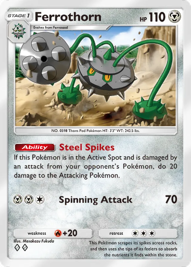 Ferrothorn, Extradimensional Crisis #052, Stage 1 Metal Pokémon, illustrated by Masakazu Fukuda
