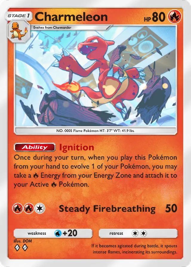 Charmeleon, Crimson Blaze #012, Stage 1 Fire Pokémon, illustrated by DOM