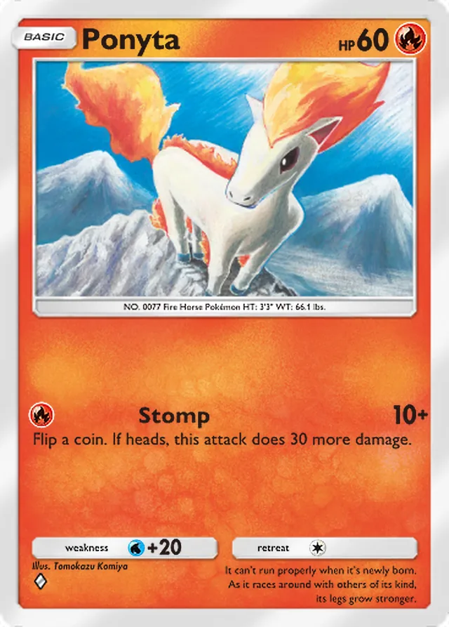 Ponyta, Mythical Island #010, Basic Fire Pokémon, illustrated by Tomokazu Komiya
