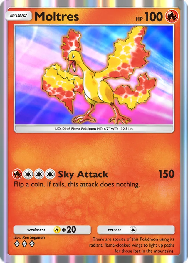 Moltres, Ruler of the Skies #023, Basic Fire Pokémon, illustrated by Ken Sugimori