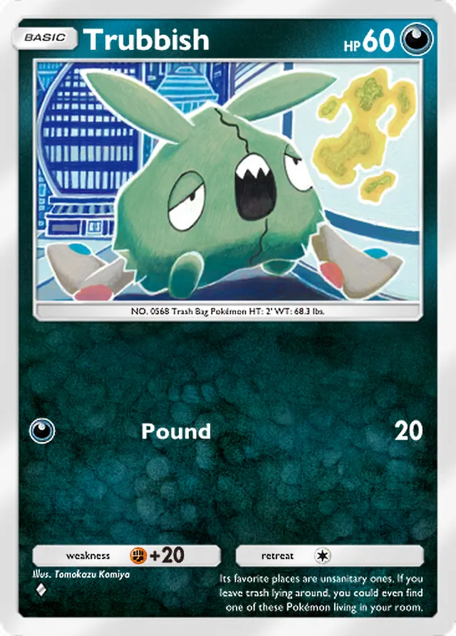 Trubbish, Celestial Guardians #113, Basic Darkness Pokémon, illustrated by Tomokazu Komiya