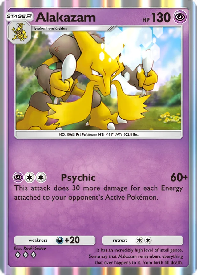 Alakazam, Genetic Apex #117, Stage 2 Psychic Pokémon, illustrated by Kouki Saitou