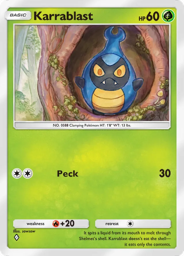 Karrablast, Ruler of the Skies #012, Basic Grass Pokémon, illustrated by sowsow