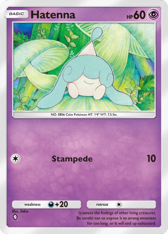 Hatenna, Pulsing Aura #069, Basic Psychic Pokémon, illustrated by Sekio