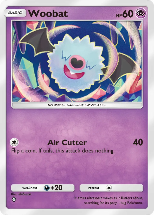 Woobat, Ruler of the Skies #075, Basic Psychic Pokémon, illustrated by Shibuzoh.
