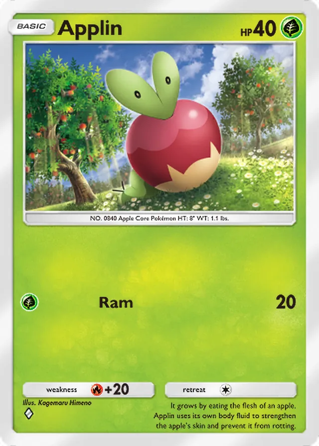 Applin, Eevee Grove #006, Basic Grass Pokémon, illustrated by Kagemaru Himeno