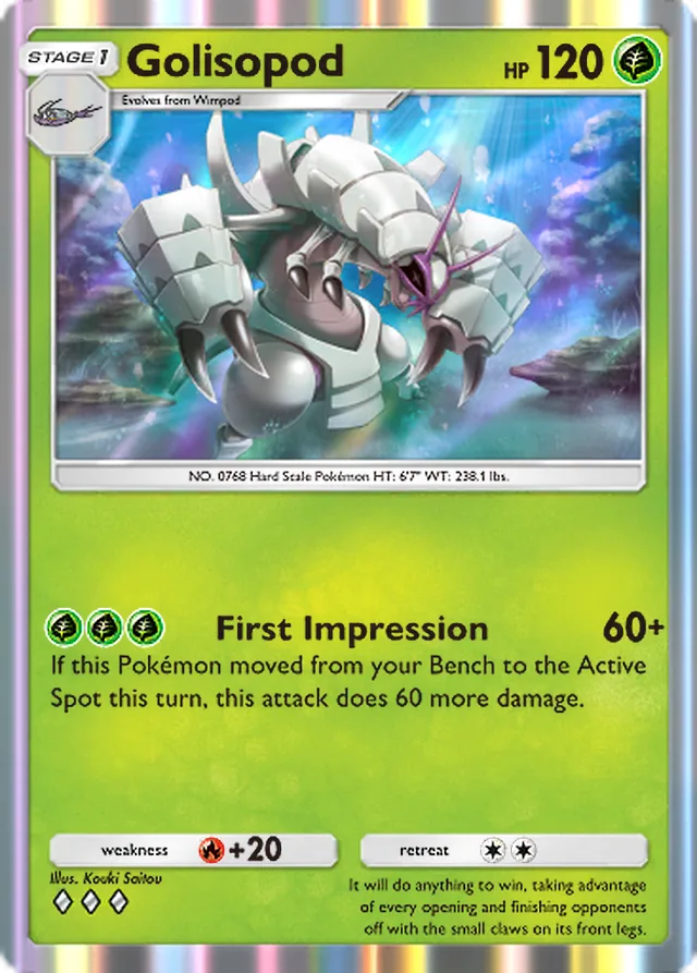Golisopod, Celestial Guardians #022, Stage 1 Grass Pokémon, illustrated by Kouki Saitou