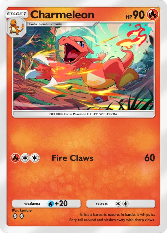 Charmeleon, Genetic Apex #034, Stage 1 Fire Pokémon, illustrated by kantaro