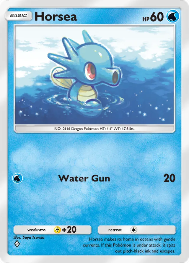 Horsea, Genetic Apex #070, Basic Water Pokémon, illustrated by Saya Tsuruta