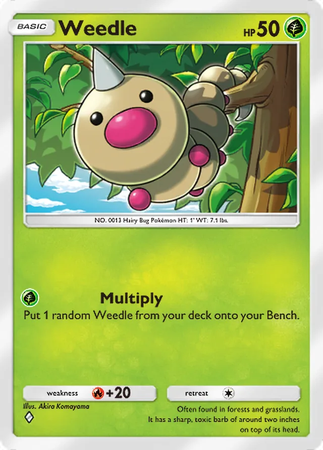 Weedle, Shining Revelry #001, Basic Grass Pokémon, illustrated by Akira Komayama