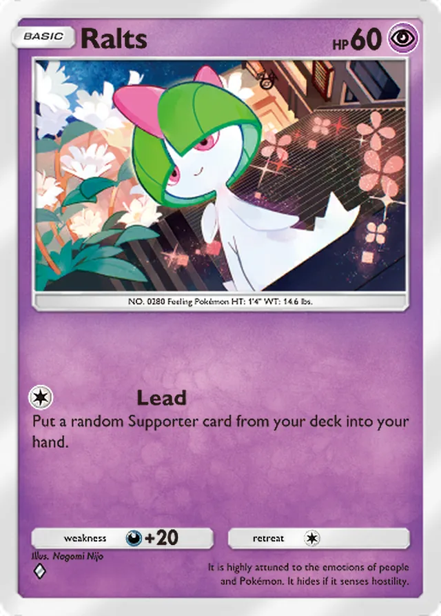 Ralts, Ruler of the Skies #071, Basic Psychic Pokémon, illustrated by Nagomi Nijo