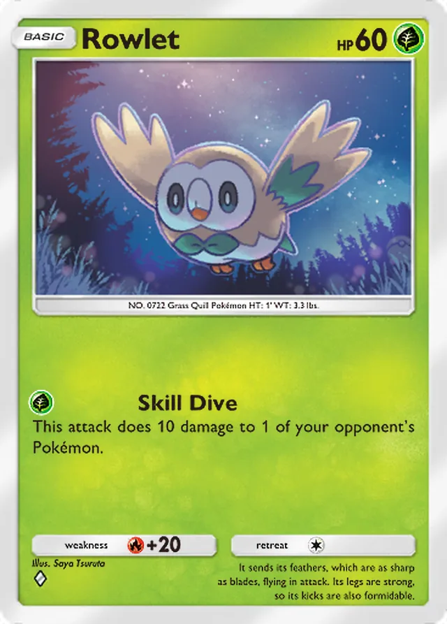 Rowlet, Celestial Guardians #010, Basic Grass Pokémon, illustrated by Saya Tsuruta