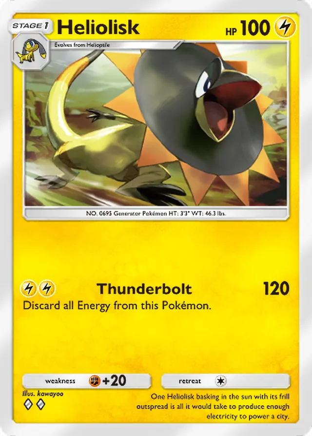 Heliolisk, Crimson Blaze #029, Stage 1 Lightning Pokémon, illustrated by kawayoo