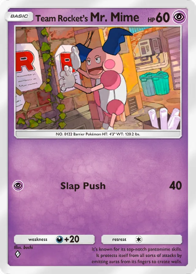 Team Rocket’s Mr. Mime, Team Rocket’s Ambition #029, Basic Psychic Pokémon, illustrated by buchi