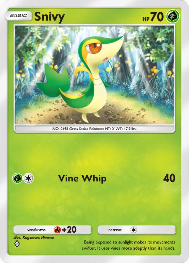 Snivy, Mythical Island #004, Basic Grass Pokémon, illustrated by Kagemaru Himeno