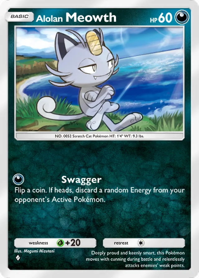 Alolan Meowth, Fantastical Parade #094, Basic Darkness Pokémon, illustrated by Megumi Mizutani