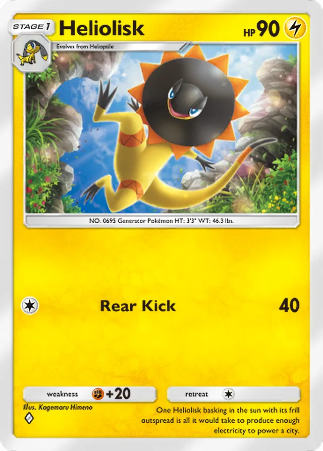 Heliolisk, Celestial Guardians #063, Stage 1 Lightning Pokémon, illustrated by Kagemaru Himeno
