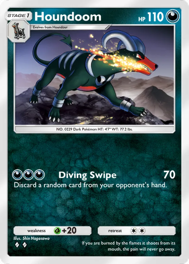 Houndoom, Wisdom of Sea and Sky #118, Stage 1 Darkness Pokémon, illustrated by Shin Nagasawa