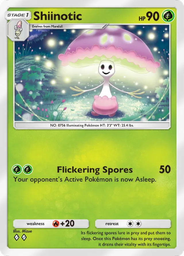 Shiinotic, Mythical Island #008, Stage 1 Grass Pokémon, illustrated by Mizue
