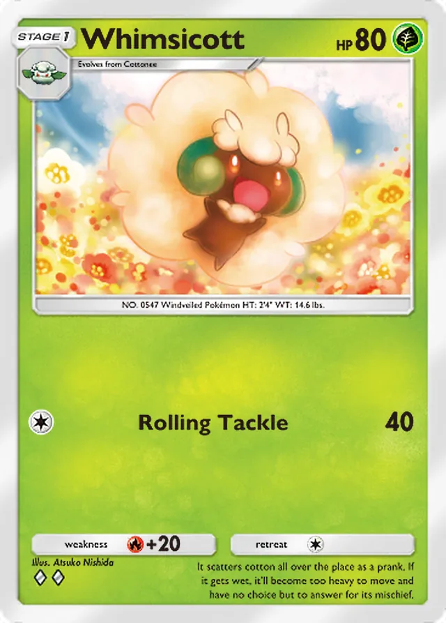 Whimsicott, Genetic Apex #028, Stage 1 Grass Pokémon, illustrated by Atsuko Nishida