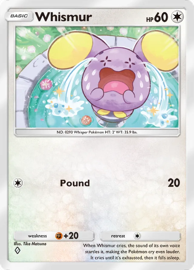 Whismur, Mega Rising #190, Basic Colorless Pokémon, illustrated by Tika Matsuno