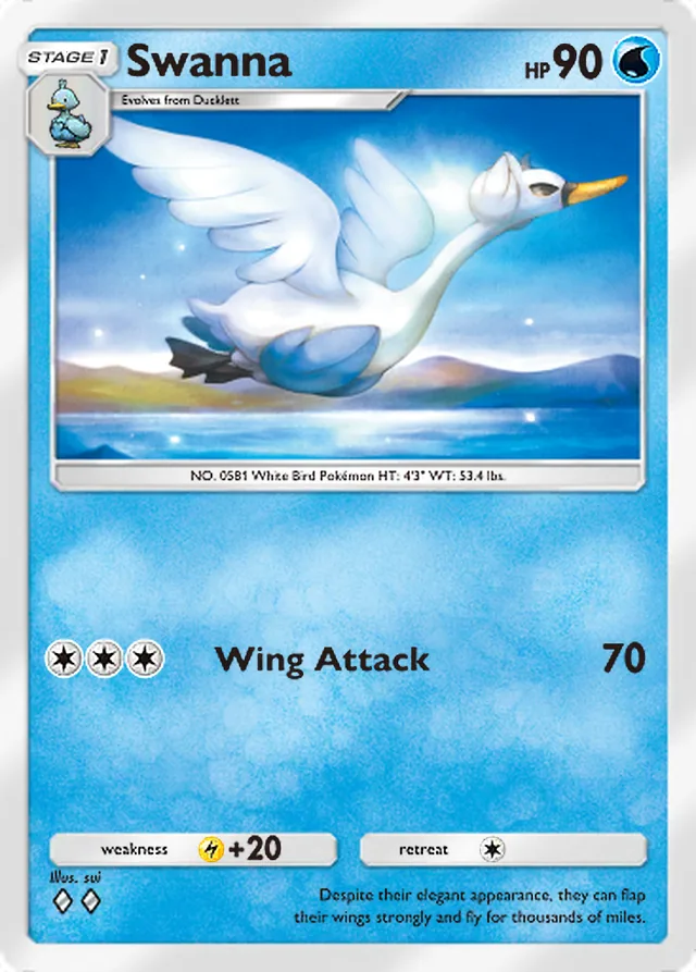 Swanna, Genetic Apex #086, Stage 1 Water Pokémon, illustrated by sui