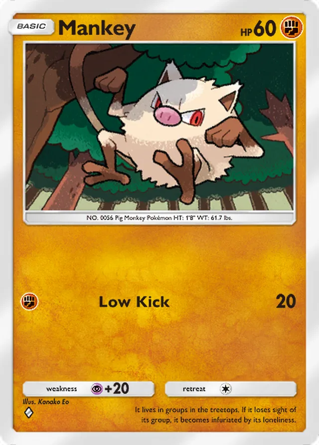 Mankey, Genetic Apex #141, Basic Fighting Pokémon, illustrated by Kanako Eo