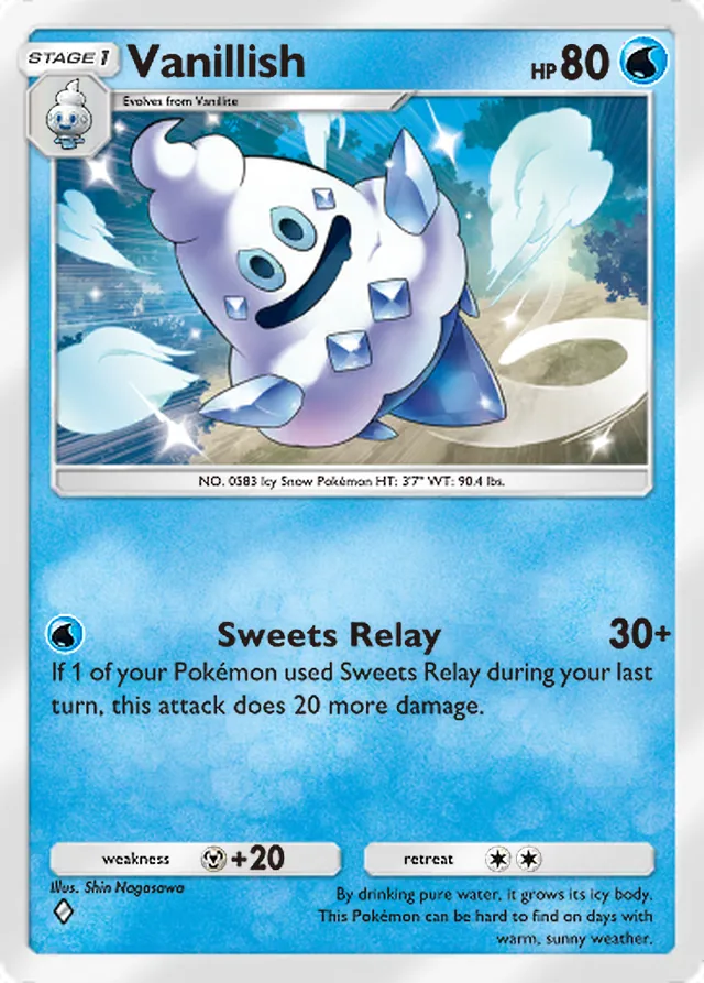 Vanillish, Eevee Grove #019, Stage 1 Water Pokémon, illustrated by Shin Nagasawa