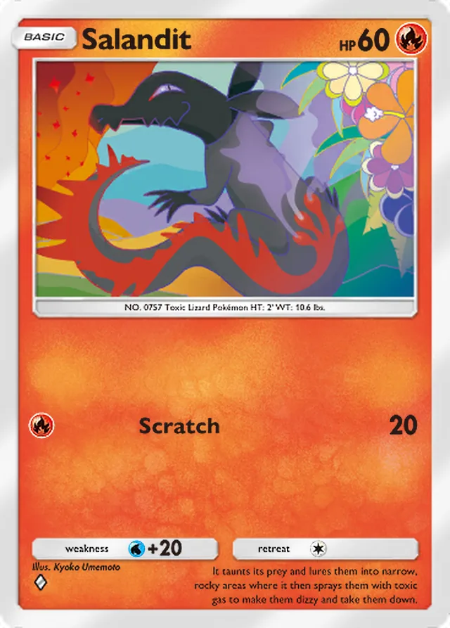 Salandit, Genetic Apex #049, Basic Fire Pokémon, illustrated by Kyoko Umemoto