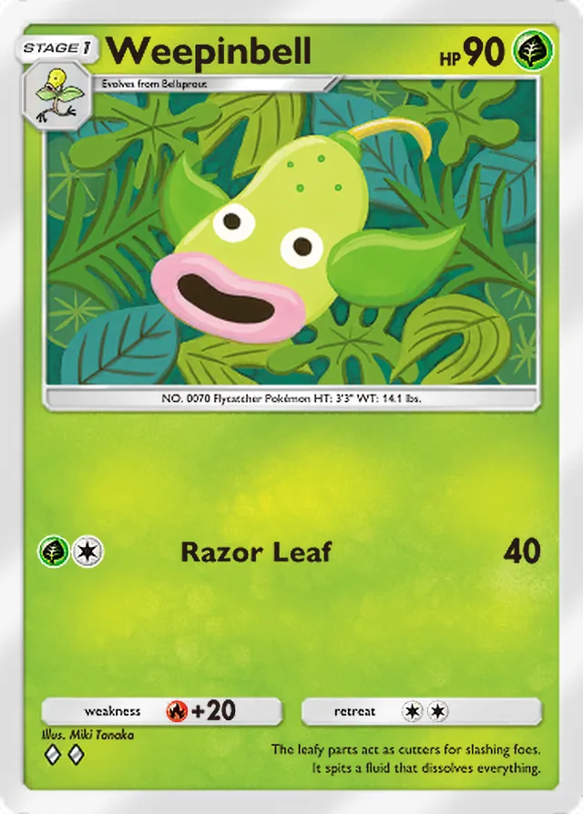 Weepinbell, Genetic Apex #019, Stage 1 Grass Pokémon, illustrated by Miki Tanaka