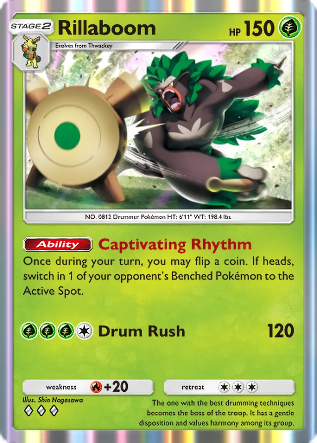 Rillaboom, Mega Rising #027, Stage 2 Grass Pokémon, illustrated by Shin Nagasawa